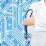 Doctor with stethoscope in hand and blue circuit on background