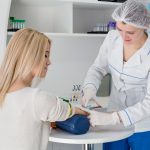 women having blood drawn in lab